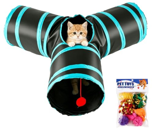 LOS ANDES Ensemble Jouets pour Chat, Tunnel à 3 Voies + 8 Jouets Interactifs, Tunnel Pliable pour Chat Lapin Furet, Jouets à Grincer, à Ressort et en Peluche