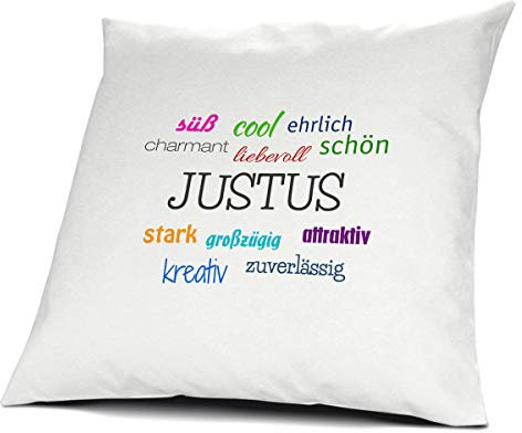 printplanet Kopfkissen mit dem Namen Justus, Kissen mit Füllung - Positive Eigenschaften, 40 cm, 100% Baumwolle, Kuschelkissen, Liebeskissen, Namenskissen, Geschenkidee
