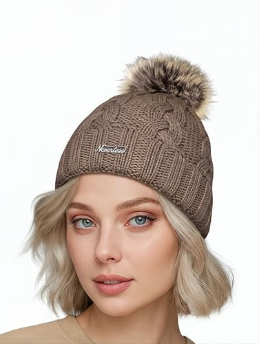 Neverless® Damen Strickmütze Zopfmuster Fleccefutter Bommelmütze Pudelmütze Wintermütze Accessoires Herbst Winter Model 2213 Dunkel-beige Unisize