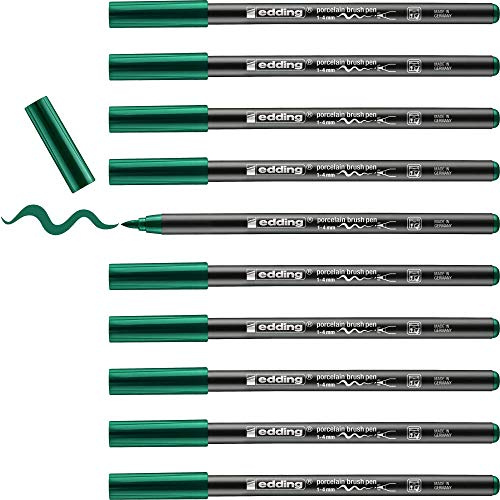 edding 4200 Porzellanpinselstift - grün - 10 Stifte - Pinselspitze 1-4 mm - Filzstift zum Beschriften u. Dekorieren von Keramik, Porzellan - spülmaschinenfest, lichtechte Tinte, schnell trocknend