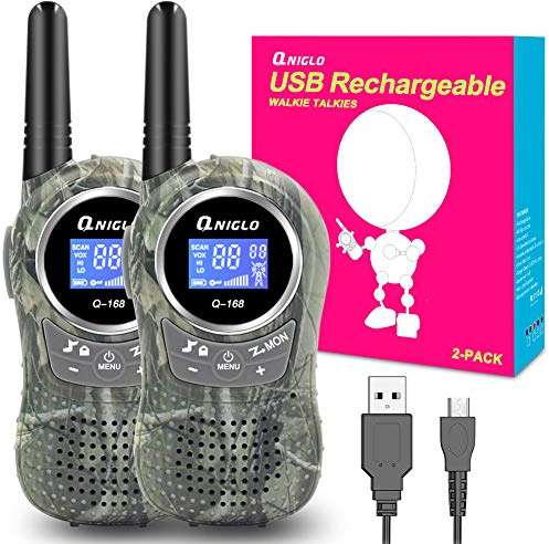 QNIGLO Walkie Talkie Niños Recargable USB, Walky Talky Regalo Niño Niña | 2KM de Larga Distancia y 8 Canales PMR Voz Activada,Juguetes de Camping al Aire Libre Mejor Regalo,Equipo de Juego de espías