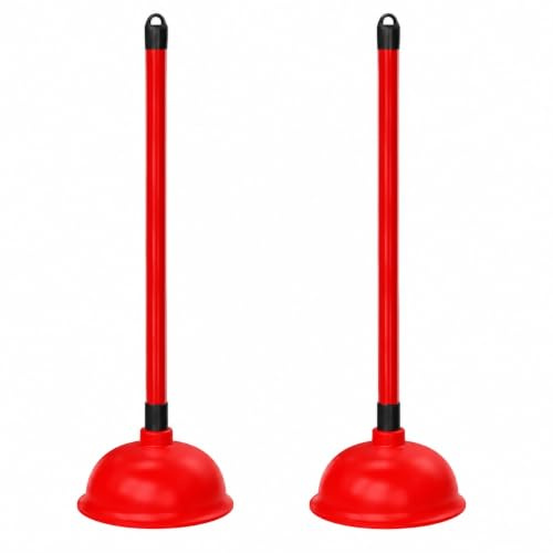 T&B® Set of 2 Heavy Duty Toilet Plunger with Long Ergonomic Handle, Powerful Rubber Suction Cup for Toilet, Sink, Shower & Drain Clog Removal, Commercial & Household Bathroom Plunger, Red