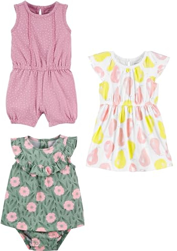 Simple Joys by Carter's Barboteuse, Combinaison d'été et Robe pour bébé Fille 3 pièces, Pois/Fleurs/poires, Nouveau née