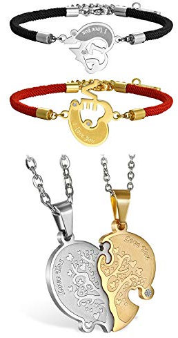 JewelryWe Halskette Armband Schmuck-Set Edelstahl Liebe Herz Puzzle Pärchen Kette Anhänger & Samt Geflochten Paare Armbänder Armreif Valentinstag Lieben Geschenk