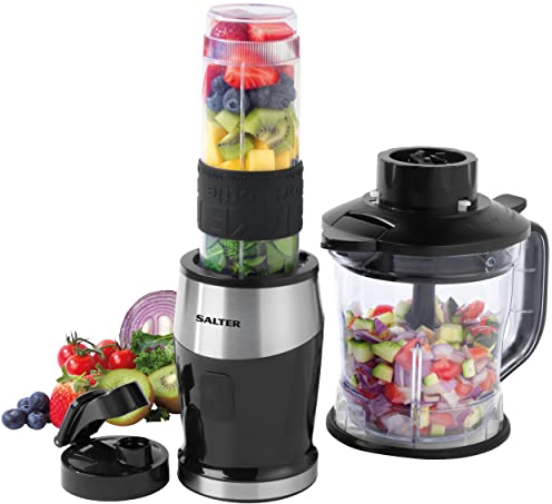 Salter EK5029 2-in-1 Electric Jug Blender & Mini Chopper - 1.2L Bowl, 570ml Drinks Bottle for Sports/Gym, Dual Function Processor, Smoothies/Sauce, BPA-Free, Mix & Chop Dips/Salsa, One Touch Operation