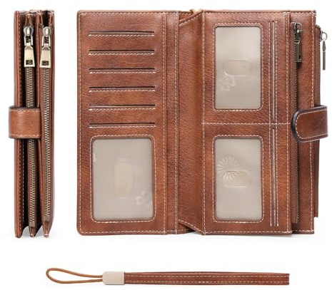 GOIACII Womens Wallets Large Capacity Credit Card Holder Rfid Wallet Women Double Zipper Pocket Leather Bifold Ladies Wristlet Clutch Wallet