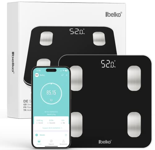 Belko Körperfettwaage Smarte Personenwaage Digital mit Bluetooth® und App für Messungen Körperfett, BMI, Gewicht, Muskelmasse, Wasser, Protein, BMR uvm., schwarz
