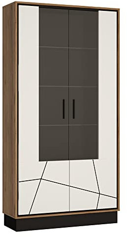 Lomadox Vitrinenschrank Vitrine Standvitrine Bücherschrank 2 Softclose Türen mit Glaseinsatz in Graphit Glaseinlegeböden in Catania Eiche Nb. mit schwarz und weiß Hochglanz, B/H/T: ca. 57/208,5/37 cm