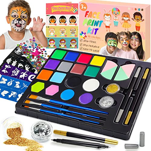 Lubibi 33PCS Face Paint Set for Kids and Adults,Ultimate Party Pack Face Paint Kit With 16 Colours，Glitters, Stencils, Hair Chalks, Brushes, Sponges,Water Based, Washable, Non-Toxic，Party or Cosplay