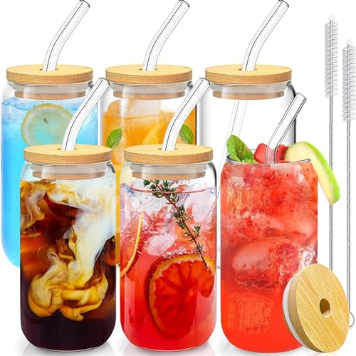 Duscdesp Iced Coffee Cup,Glass Cups with Lids and Straws,Drinking Glasses with Bamboo Lids and Glass Straw,16oz Drinking Glasses Set,Iced Coffee,Cocktail (6 Pcs Set)