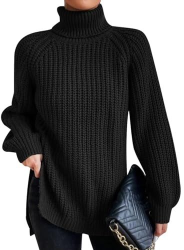 Pull Col Roulé Femme Pull Grosse Maille Oversize Hiver Grande Taille Chandail Tricot Ample Torsadé pour Femme Noir