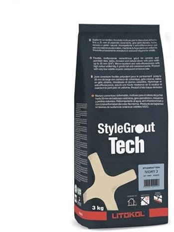 Litokol - Stylegrout Tech - Scellant cimentaire flexible hydrofuge et anti-efflorescence - Jointoiement de céramique, grès cérame, mosaïques, etc. - Jusqu'à 20mm - Noir 2 - Conditionnement de 3kg