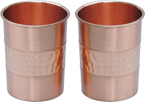 ANCIENTIMPEX Lot de 2 gobelets en cuivre martelé et uni, capacité de 250 ml pour bienfaits pour la santé ayurvédique (droit)