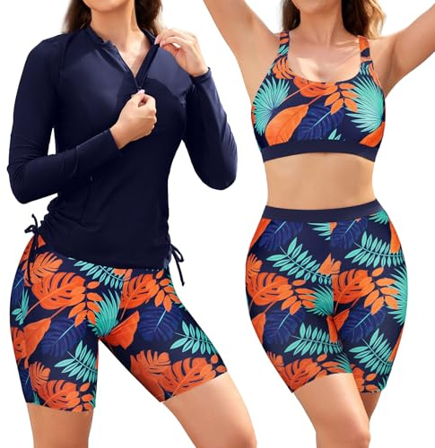 SHEKINI Womens Long Sleeve Rash Guard 3 Piece Zip Swim Shirts Printed Racerback Bra High Waisted Boyshorts Modest Swimwear, Blue Orange Leaves, Large