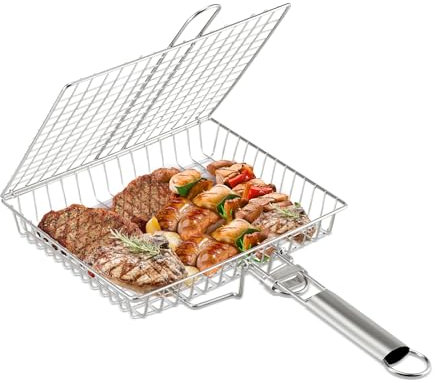 Xonusin Edelstahl Grillkörbe für Outdoor Grill, Großer BBQ Fisch Grillkorb mit Edelstahl Faltbarer Griff für Hühnerfleisch Gemüse Steak, Outdoor BBQ Grill Zubehör Korb für Meeresfrüchte