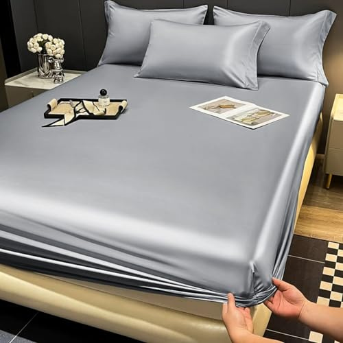 Gezu Spannbettlaken 140 x 200 cm, Satin, Grau, Mikrofaser, Bettlaken, atmungsaktiv, seidig, glänzend, Matratzenbezug, hypoallergen, bügelfrei, elastischer Saum, robust, geeignet für Matratzen unter 30