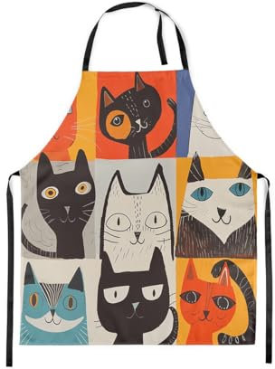 Loussiesd Jungen Mädchen Schwarze Katze Kochschürze,Nettes Kätzchen Schürze für Köche Kochen Kawaii Cartoon Tier Verstellbare für Jugendliche Geometrisch karierte Küche Wasserdicht Küchenschürze