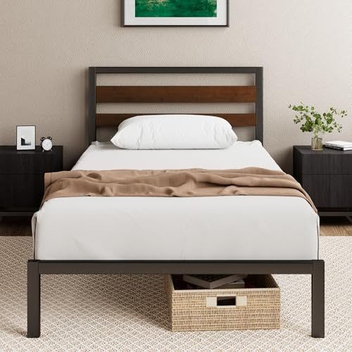 Zinus Kai - Cama de 90 x 190 cm, somier duradero de bambú y metal, cabecero incluido, montaje fácil, altura 80 cm, cama de metal con somier de láminas, color negro y marrón
