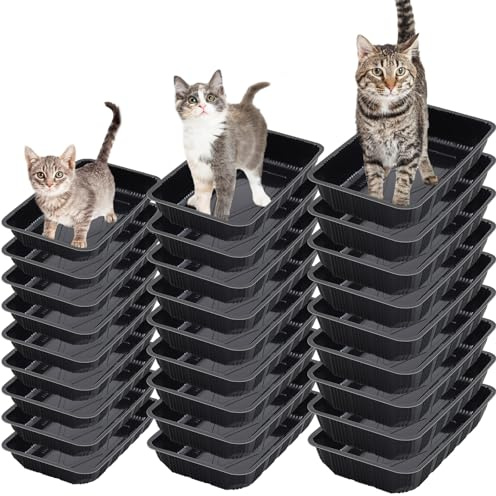 Reallnaive 30 Pcs Disposable Litter Boxes for Growing Cat, Plastic Cat Litter Trays, 3 Sizes 16.5 x 11 Inches/ 11.8 x 9.8 Inches/11.8 x 7.9 Inch, Portable Kitty Pan Bulk Indoor Home Travel, Black