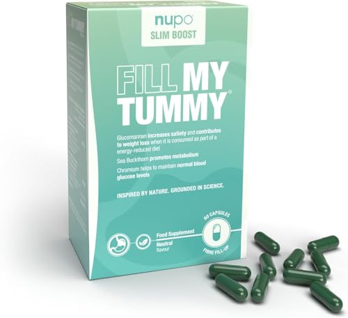 Nupo Slim Boost Fill My Tummy - Cápsulas de fibra de glucomanano - Raíz de Konjac, espino amarillo y cromo - Apoya la glucosa en sangre y el metabolismo - 60 cápsulas veganas