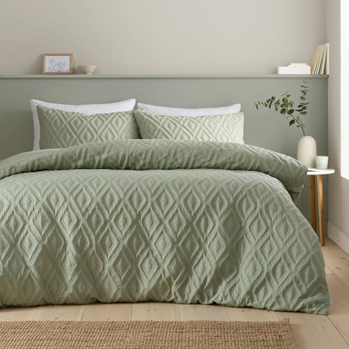 Catherine Lansfield Jacob Geo Soft Touch Double Duvet Cover Set with Pillowcases Sage Green
