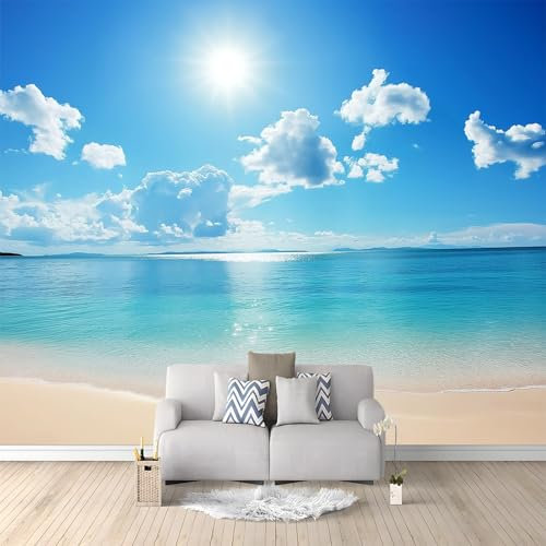 Fototapete Natur Strand Mit Blauem Himmel wandbild 200 x 140 cm Vliestapete für Wohnzimmer Schlafzimmer Büro Wandtapete Hellblau panorama-tapetenwandbild Wand tapete dekoration