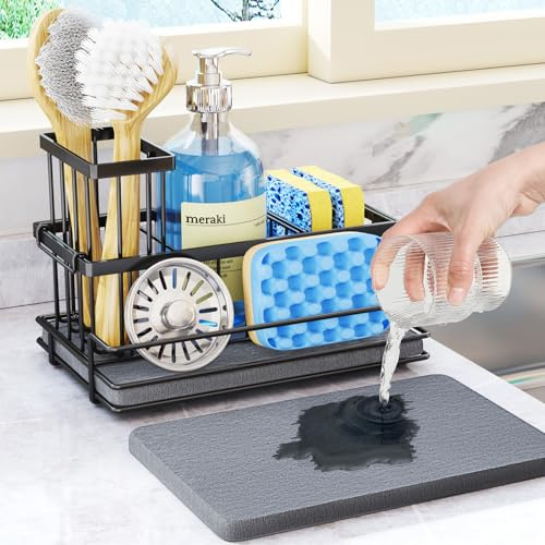 HapiRm Kitchen Sink Caddy Black - Sponge Holder with Instant Drying Stone