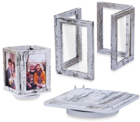 NUPTIO Bilderrahmen Rotierend Holz für Geschenke: 10x15cm Fotorahmen | Vintage Weiß Gekalkte, Drehbar Photo Frame für Weihnachten, Geburtstag, Jahrestag, Hochzeit, für Familie, Freunde