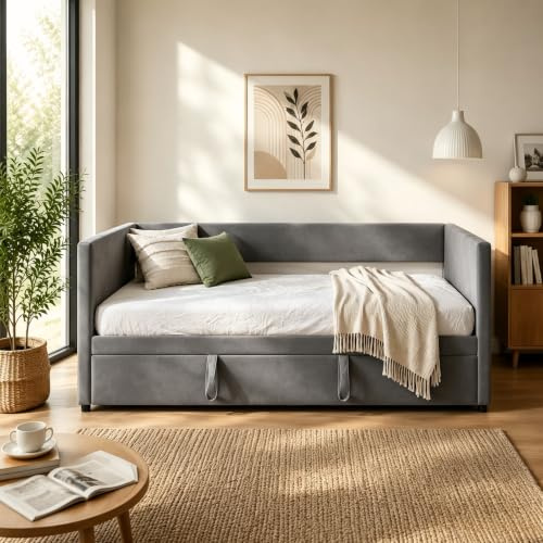 YGHQAP Ausziehbar Schlafsofa 90/180x200 cm, Polsterbett Tagesbett mit Ausziehbett, Doppelbett/Einzelbett, Multifunktionsbett aus hautfreundlichem Samtstoff, Ohne Matratze(Grau)