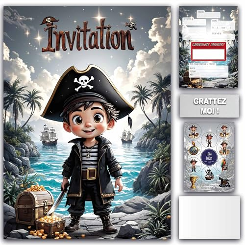 LOLA ET LOUIS® • 10 Einladungskarten für Kinder mit Umschlägen für Mädchen und Jungen • Geheimnachricht zum Rubbeln • Piratenjagd für Geburtstag und Partys • leicht zu befüllen • Premium-Qualität