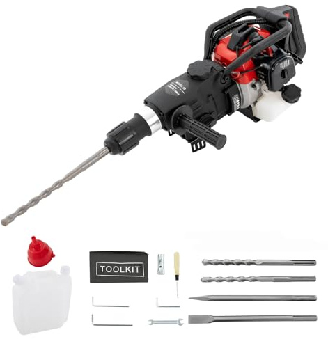 Benzin Abbruchhammer,33CC 2-Takt Stemmhammer Meißelhammer,Hand-Zug-Start,1000W, 30 J,Bohrhammer, Betonbrecher Lochbohrer mit Spitzmeißel, Flachmeißel, 3* Bohrer & Werkzeug