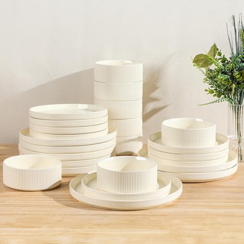TheTerra Ceramic Dinnerware Sets for 8, 24 Pieces Porcelain Lightweight Plates and Bowls Sets, Scratch Resistant Dish Set, Oven & Microwave & Dishwasher Safe, Beige