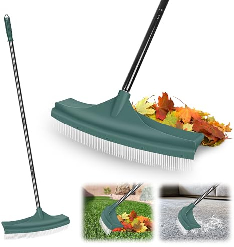 ORIENTOOLS Balai à gazon artificiel, râteau à feuilles pour gazon astro courbé, outils de jardinage pour pelouse avec manche en acier réglable de 80 à 134 cm, balai à éventail avec brosse en PA pour