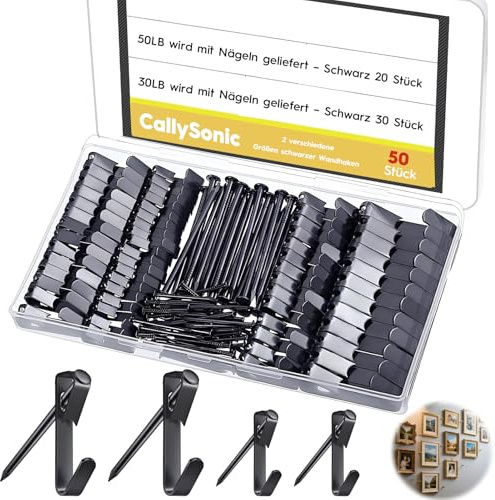 50 Stück Bilderhaken zum Nageln, Bilderrahmen Aufhänger für Bilder, Bildaufhänger für Schwere Bilder, mit Nägeln, Bilderhaken zum Schrauben, für Aufhängen Bilder, Fotorahmen, Spiegeln (schwarz 1)