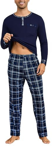 Litherday Pijama Hombre Invierno Algodón Conjunto 2 Piezas con Manga Larga y Bolsillos Ropa de Dormir Hombre Azul Marino L