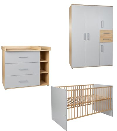 Arthur Berndt 3-teiliges Babyzimmer Set Elina, Kleiderschrank, Wickelkommode, Babybett 70x140 cm, Lichtgrau/Nagano Oak