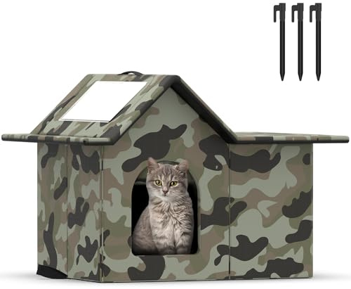 SELBATON Katzenhaus Für Draußen Winterfest, Haus für verwilderte Katzen mit abnehmbaren Kissen, Winterschutz für Haustiere mit Türvorhängen, einfach zu montieren