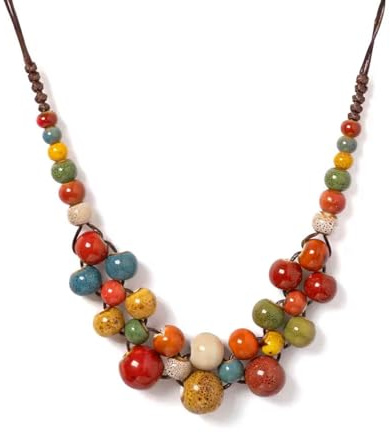 GlamRays Boho Hippie Necklace for Women Handmade Multicolor Ceramic Beads Statement Jewelry Summer Beach Festival Accessory Adjustable