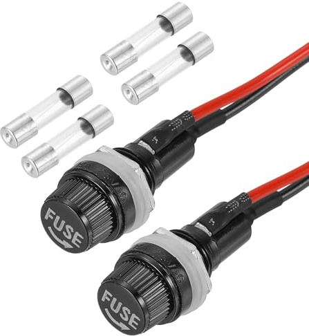 sourcing map 2 Pcs Panel Mount Fuse Holder, 10/15A AC 125/250V 5 x 20mm Fuse Spade Terminal Screw Cap Fuse Holders with Pre-Soldered Wires and 6A Glass Tube Fuses