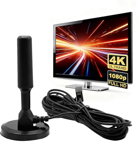 Antenne TV Intérieur Puissante, 2025 Antenne Interieur TNT, CâBle Coaxial De 5m, RéCeption Chaînes Locales Gratuites Longue Distance 500km, 360 DegréS sans Angle Mort, Compatible avec 4K 1080P