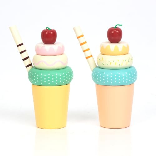WoodenFun 2tlg Holz Eisdiele mit Eisregalen Küchenrollenspiel für Kinder ab 3J