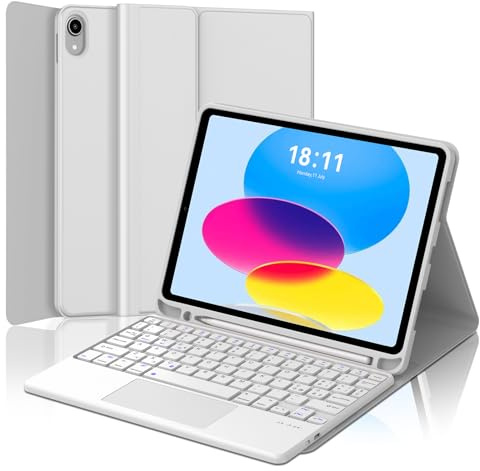 FOGARI Teclado con Touchpad para iPad A16 11 Generación/10 Generación 2025/2024, Funda con Español Ñ Teclado para iPad 10.ª/11.ª Generación 2024/2025 Bluetooth con Trackpad, Gris Claro