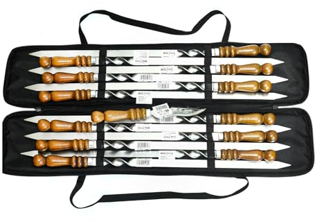 Set aus 12 Kebab Schaschlikspießen mit Tasche Schampura Grillspieße aus Edelstahl Fleischspieße BBQ Lagerfeuer Spieße