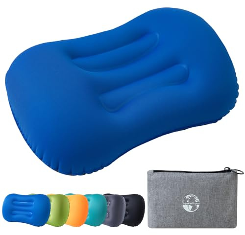 JetsCush Almohada de Camping Ligera y Compacta, Almohada Hinchable de Playa y Viaje con Aire y Soporte Ergonómico para Acampada, Senderismo y Accesorios Camping (Azul)