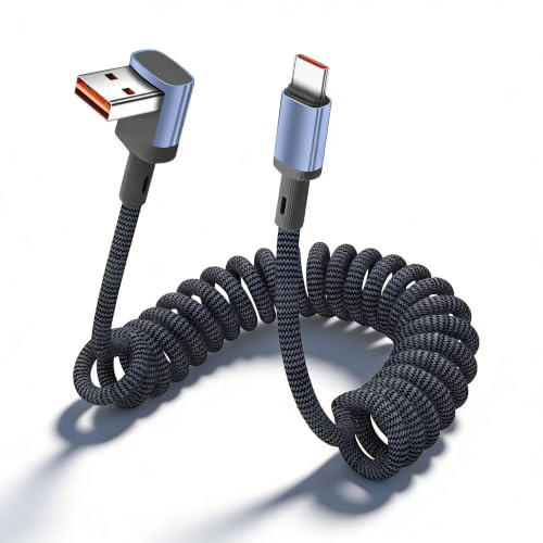JSADZKJ Coiled USB A to USB C Fast Charging Cable,90 Degree USB to Type C Braided Cable for Car,6A Retractable USB C Cord Fast Charging for Phone 16/15,Galaxy S24 S23 Tablet,Power Bank,35CM