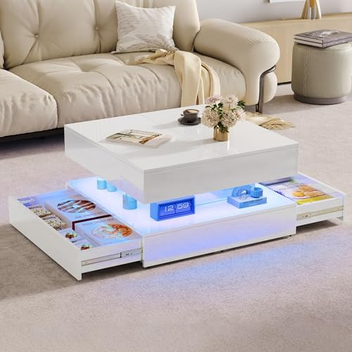 WOBOPCG Mesa de centro blanca con LED, mesa de salón brillante, moderna mesa de sofá con 2 cajones, mesa auxiliar, mesa de café, mesa de salón para sofá, mesa de café de 2 niveles, 78 x 78 x 43 cm
