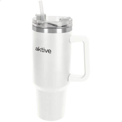 AKTIVE Vaso térmico acero inoxidable, 1,2L, Blanco, Mide 15x10x27 cm, Tapón hermético antifugas, Incorpora pajita, Asa ergonómica, Libre BPA, Base antideslizante, Botellas termo (63152)