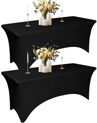Yemosa 2er-Pack Schwarze Spandex-Tischdecken für 6-Fuß-Tische – 6 Fuß universelle, rechteckige, passgenaue Stretch-Tischdecke als Tischschutz, waschbar und knitterarm, ideal für Messen, Hochzeiten