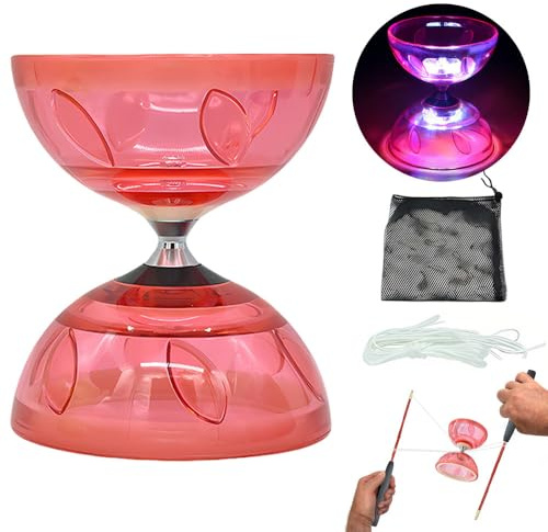 PLLYPE Diabolo Freiläufer mit Kugellager, LED Diabolo mit 3 Farben Blinkendes, Dreifache Lagerung Set mit Ersatzseil 10m, Netzbeutel und Profi-Stange, Dreifachlager für Erwachsene (Rot)