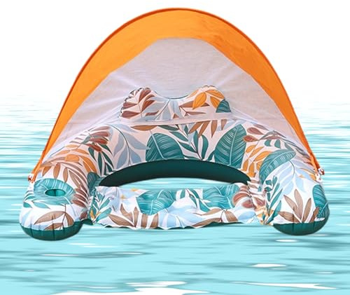 Luftmatratze Pool Erwachsene mit Sonnendach, Wasserhängematte Aufblasbar UV-Schutz 50+, Ergonomischer Poolsessel Schwimmlounge Faltbar für Strandurlaub See Reise